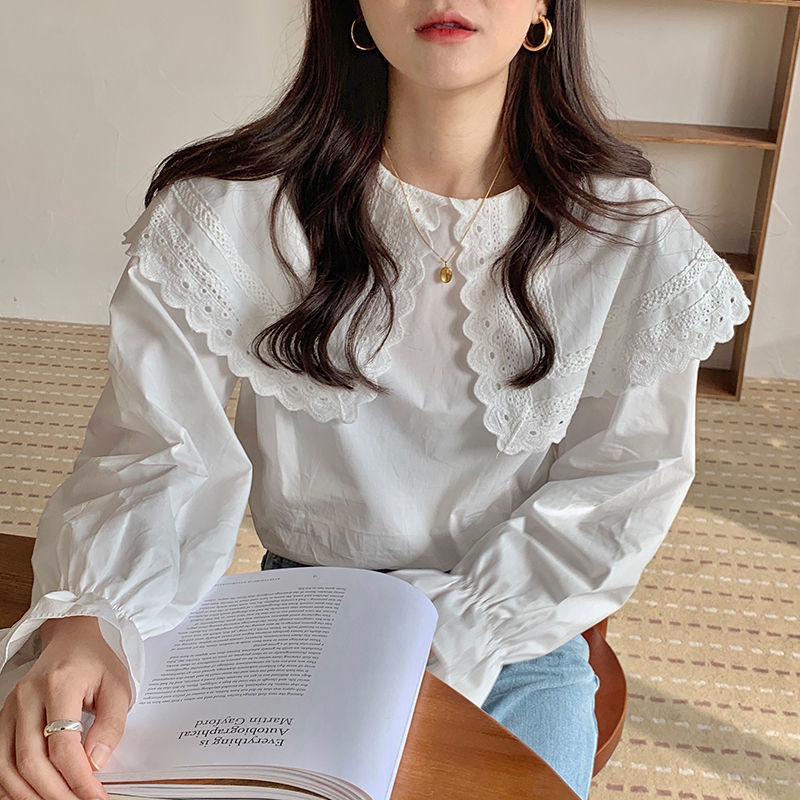 Korean 2023 Spring Retro Sweet Age-reducing Lace Doll Collar Loose Long-sleeved White Shirt Top Women's Fashion