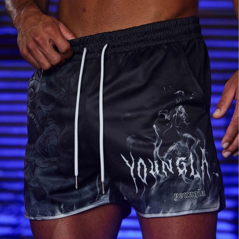 YOUNGLA American Four Points Sports Fitness Shorts Skull 3D Printed Mesh Quick Dry Breathable Running Beach