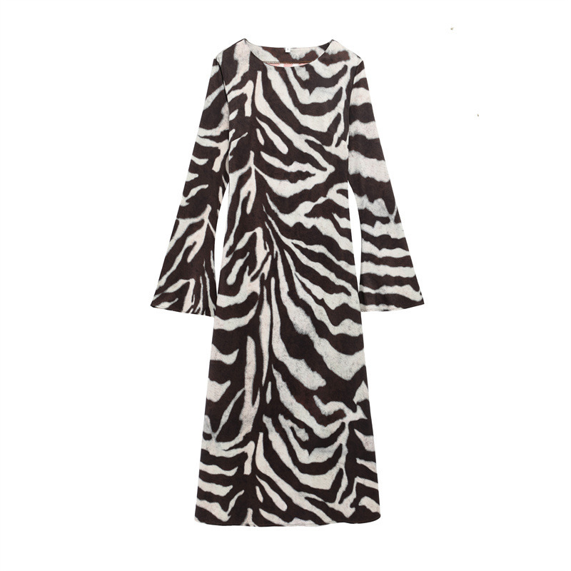 Cross-Border Export 2025 Autum New European and American Style Boat-Shaped Collar Bell Sleeves Zebra Pattern Slightly Flared Long Dress