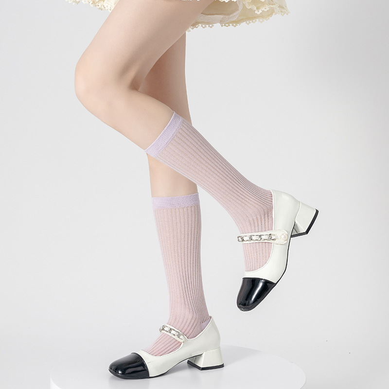 Zapatos y calcetines de ballet estilo Miu de algodón, calcetines finos de primavera y verano con rayas verticales que estilizan, calcetines largos de color puro estilo japonés para niñas.