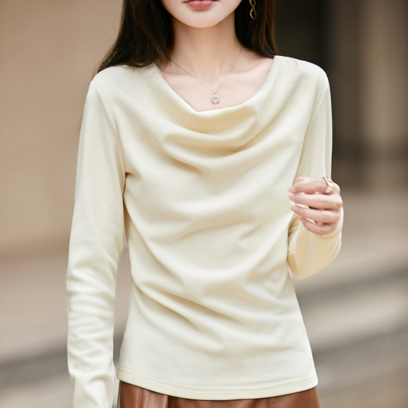 Solid Color Knitted Pullover Sweater with Pleated Shoulder and Swing Collar for Women, New Autumn and Winter Versatile Slim-Fit Inner Top