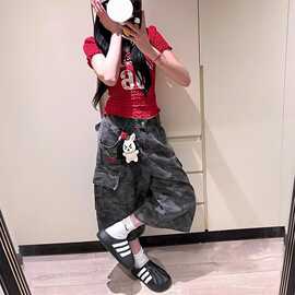美式复古多口袋做旧迷彩工装牛仔裤男女街头宽松直筒阔腿长裤