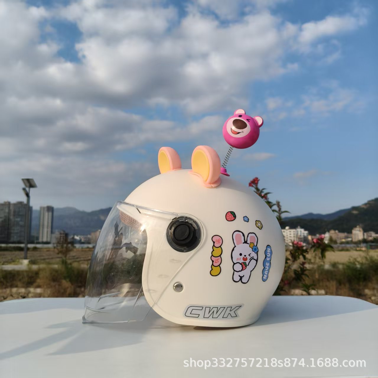 Motorcycle Half Helmet | Other Motosiklet kaskı (dəbilqə) - white-bunny-hd-long-mirror-pink-yellow-bear-ears-jumping-bear-suitable-for-1-5-year-old-small-size-helmet