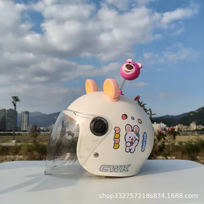 Helmet Autumn and Winter Battery | Motosiklet kaskı (dəbilqə) - white-bunny-high-definition-long-mirror-pink-and-yellow-bear-ears-jumping-bear-suitable-for-small-helmets-aged-1-5-years-old