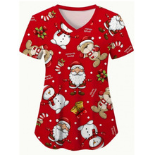 2025外贸跨境180g直贡呢V领女装短袖印花圣诞休闲女医用护士服