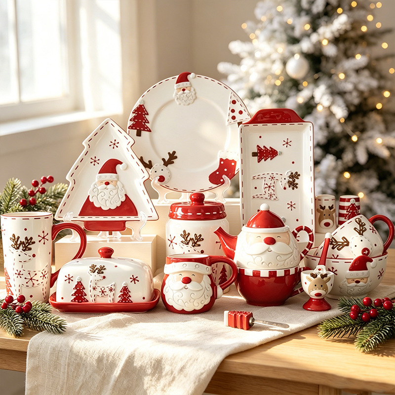 Christmas Hand-Painted Ceramic Tableware Set, Cute Steak Plate, Embossed Glaze Flat Plate, Sealed Jar, Tea Set, Ceramic Bowl Christmas Hand-Painted Ceramic Tableware Set, Cute Steak Plate, Embossed Glaze Flat Plate, Sealed Jar, Tea Set, Ceramic Bowl