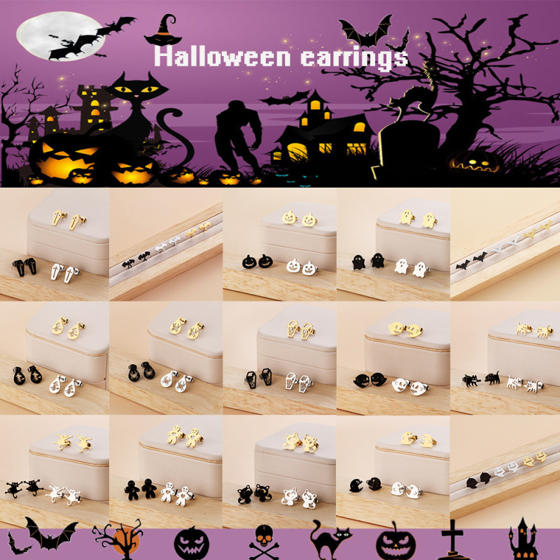 ハロウィンコウモリ、ゴースト、カボチャ、猫などの形のステンレススチール製イヤリング、3色展開、工場在庫、クロスボーダーサプライ|undefined
