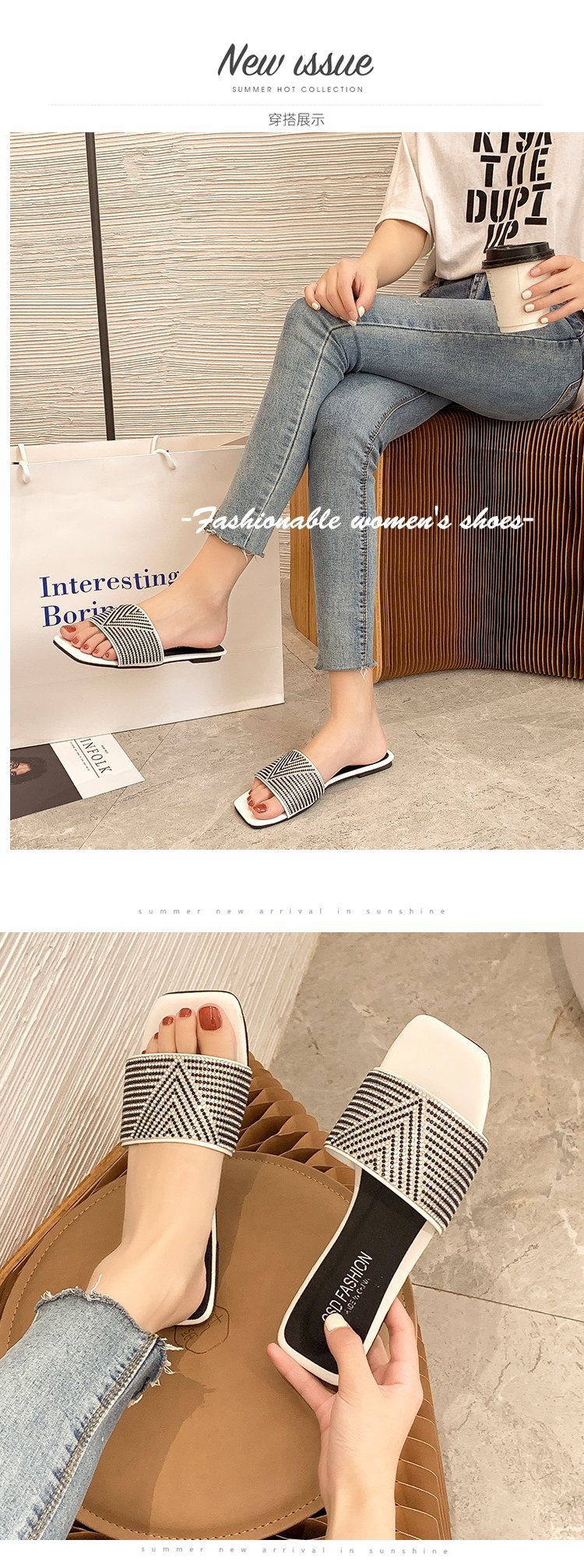 Breite Füße und dicke große Hausschuhe Damenoberbekleidung Sommer 2023 neue Mode All-Match-Strass weiche Unterseite ein Wort rutschfester Schuhhalter_voghion.com