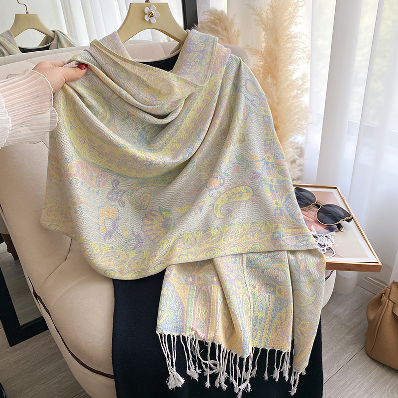 Chal de Jacquard con Flecos de Poliéster Térmico para Primavera