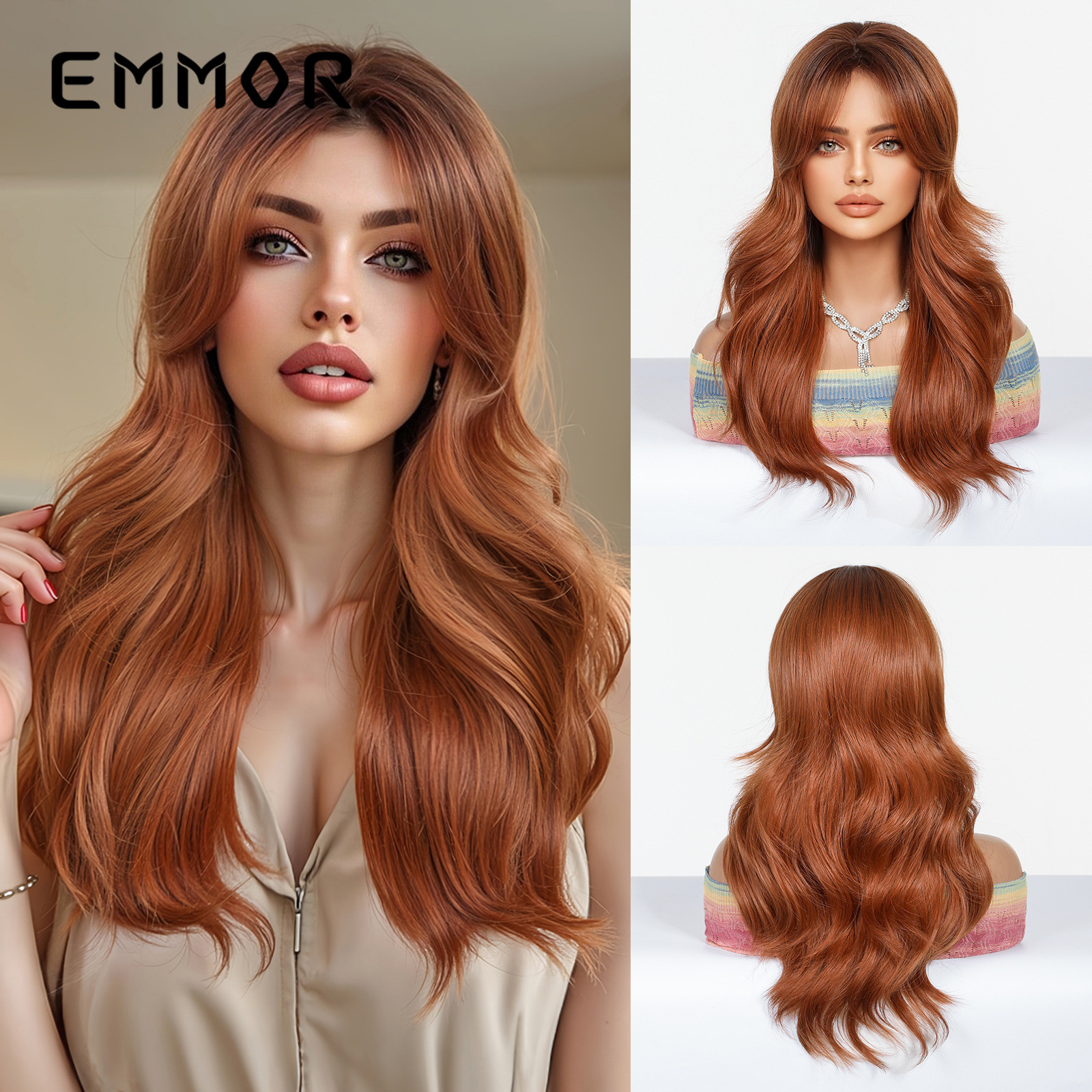 Comercio exterior transfronterizo venta caliente gradiente de ocho caracteres dorados flequillo cabello largo micro rizado peluca de moda cabello completo hair