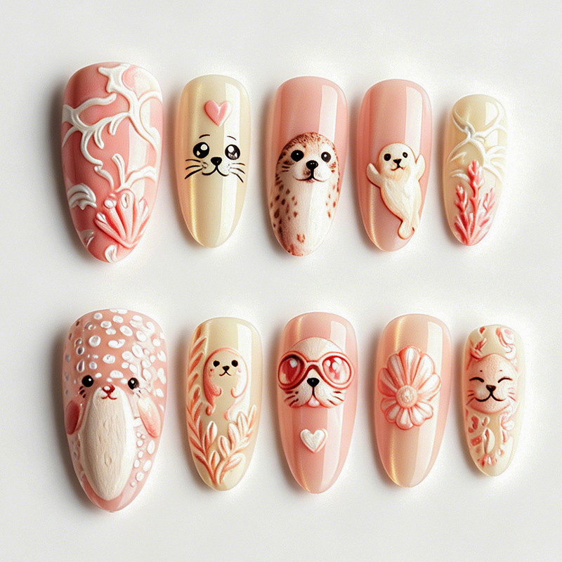 Popular Pink and White Seal-Themed Embossed Cat-Eye Cute Style Medium-Length Almond-Shaped Nail Patches for Cross-Border Nail Art Popular Pink and White Seal-Themed Embossed Cat-Eye Cute Style Medium-Length Almond-Shaped Nail Patches for Cross-Border Nail Art