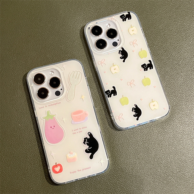 Ins lindo gato iPhone13 manzana berenjena anillo hebilla 14ProMax para Apple 15P funda para teléfono móvil 12