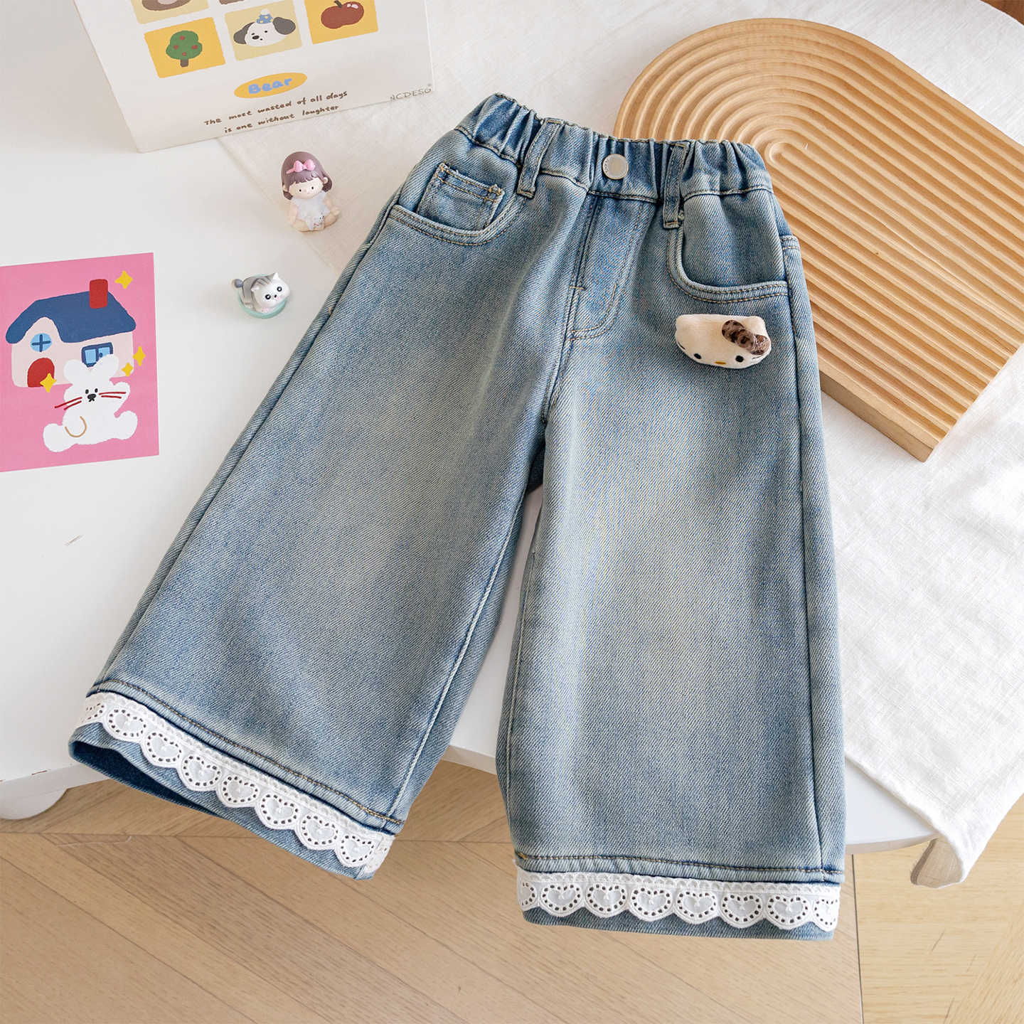 Winter lace fleece children's cartoon warm jeans