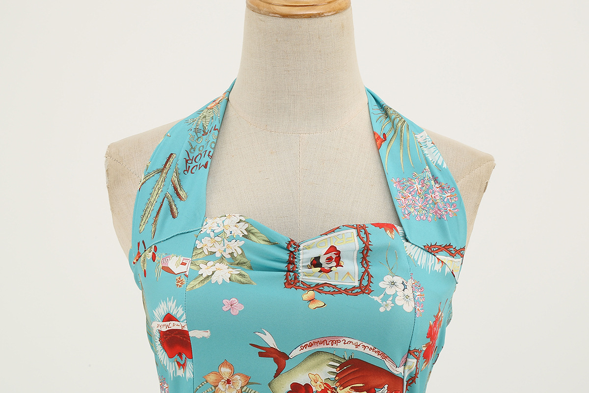 European And American Women's Hepburn Style Puff Skirt Dress Retro Print Halter Neck New 2026 Cross Border Exclusive_ecoleips.com