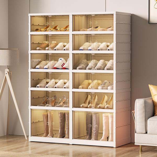 Shoe rack household door multi-layer shoe cabinet folding one-pull…