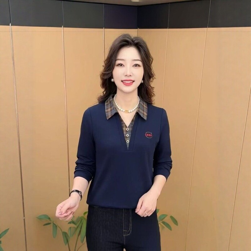 2026 Autumn New Style Women's Faux Two-Piece Turn-Down Collar Long-Sleeve T-Shirt, Elegant Commuting Slim-Fit Versatile Top for Mothers 2026 Autumn New Style Women's Faux Two-Piece Turn-Down Collar Long-Sleeve T-Shirt, Elegant Commuting Slim-Fit Versatile Top for Mothers