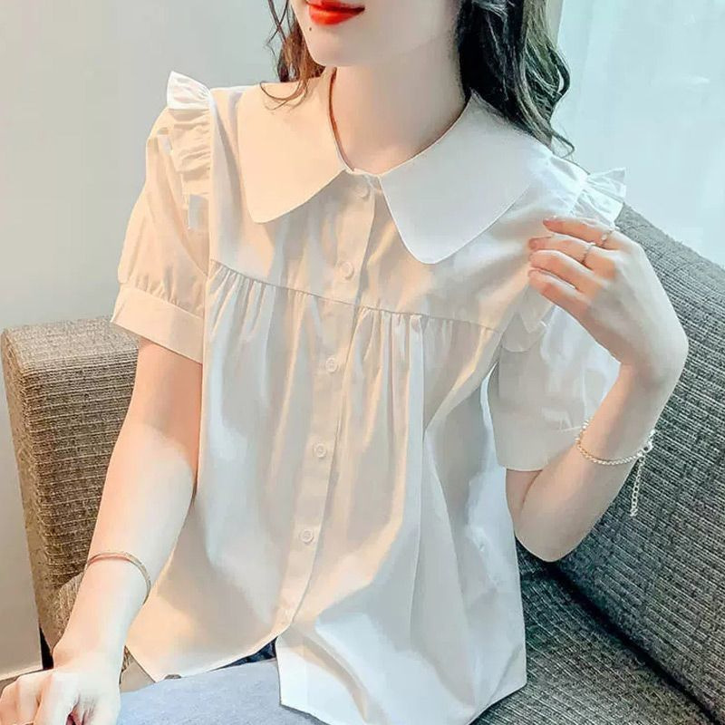 Short-Sleeved Chiffon Shirt Loose Fungus Doll Collar Shirt 2025 Summer New Elegant Small Shirt Age-Reducing Top for Women Short-Sleeved Chiffon Shirt Loose Fungus Doll Collar Shirt 2025 Summer New Elegant Small Shirt Age-Reducing Top for Women
