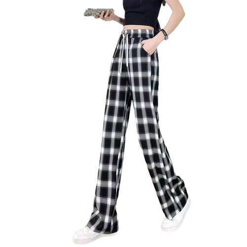 2025 New Ice Silk Loose Drawstring Patterned Straight Leg Pants High-Waist Casual Large Size Mom's Pants for Women Dropshipping