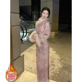 新中式国风旗袍复古气质盘扣斜襟长袖百搭紫色保暖连衣裙女秋冬款