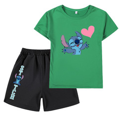 Stitch-themed hot-selling kids' cartoon set—unisex short-sleeve T-shirt + shorts, available for cross-border purchase