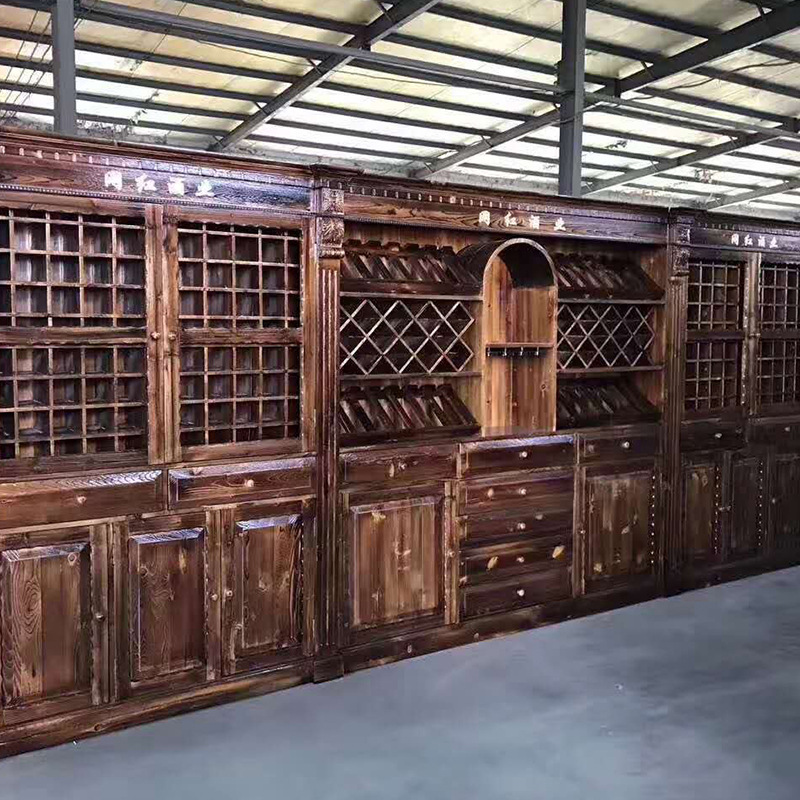 Red Wine Cabinet Chinese Retro Wooden Cabinet Display Cabinet Solid Wood Carbonized Wood Bar Table Living Room Entrance Cabinet Wine Rack