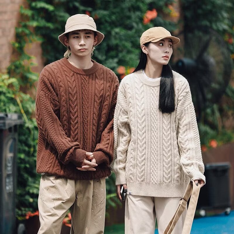Japanese-style Twist Long-sleeved Sweater Men's and Women's Thickened Loose Round Neck Sweater with Ins Fashionable Autumn and Winter Sweater Japanese-style Twist Long-sleeved Sweater Men's and Women's Thickened Loose Round Neck Sweater with Ins Fashionable Autumn and Winter Sweater