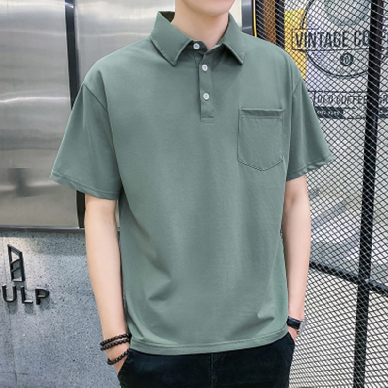 Summer Men's Short-sleeved T-shirt Hong Kong Style Loose Pocket Polo Shirt Young Student Loose Solid Color T-shirt