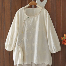2025春夏新品中国风刺绣棉布衬衫女装套头宽松上衣