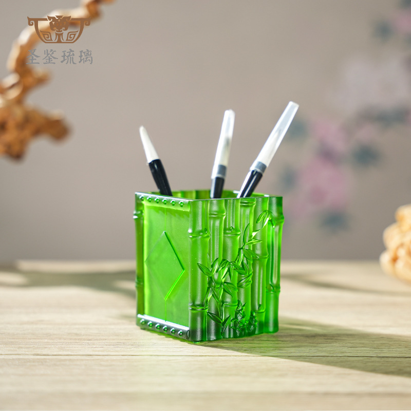 琉璃方形笔筒绿色竹子节节高商务礼品创意自定义LOGO刻字摆件工艺