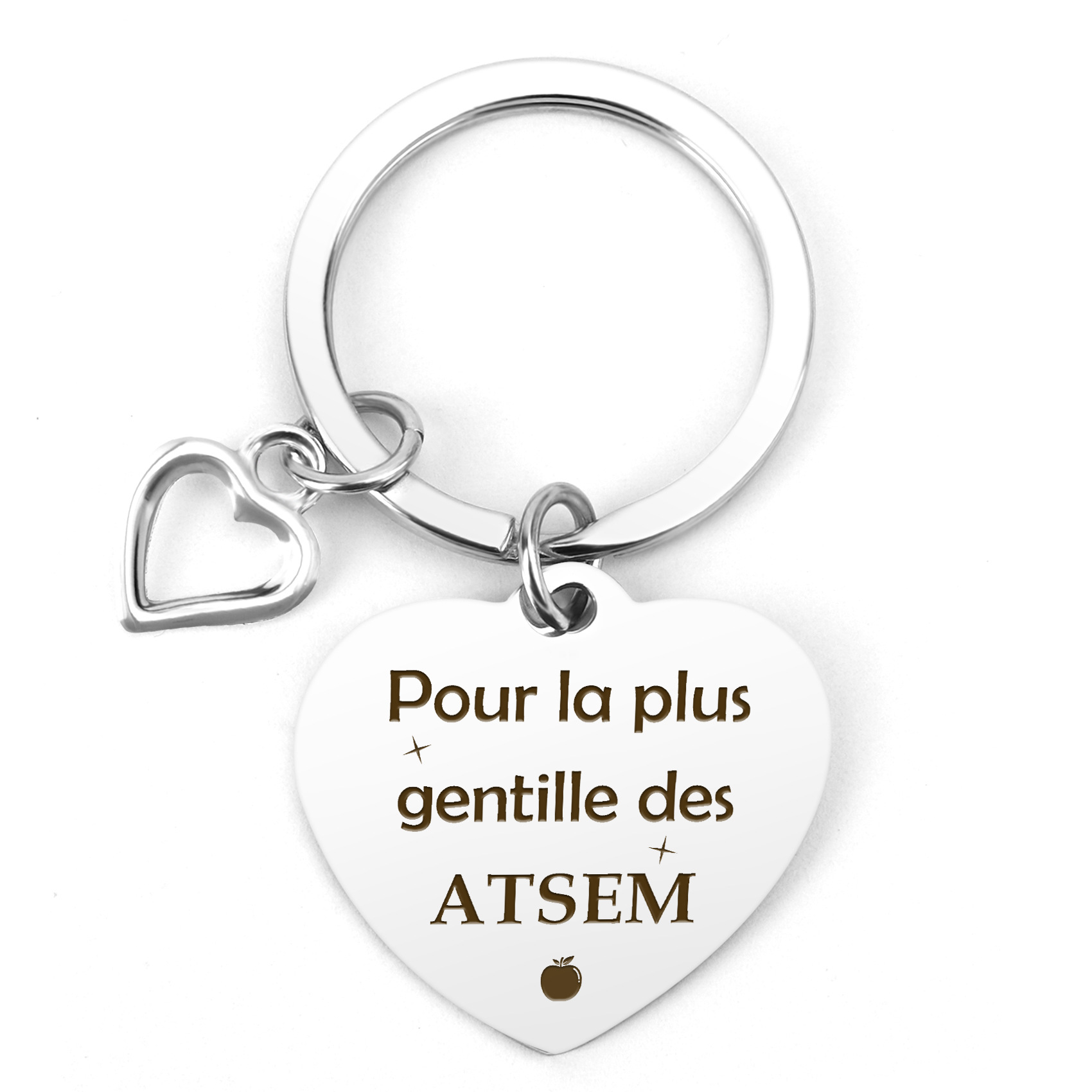 跨境热卖2025教师节礼物-不锈钢带镂空爱心吊坠法语刻字钥匙扣