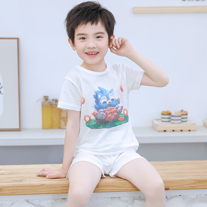 아동용 반팔 잠옷 세트, 면 통기성 메쉬 얇은 가정복, 중소형 아동용  속옷