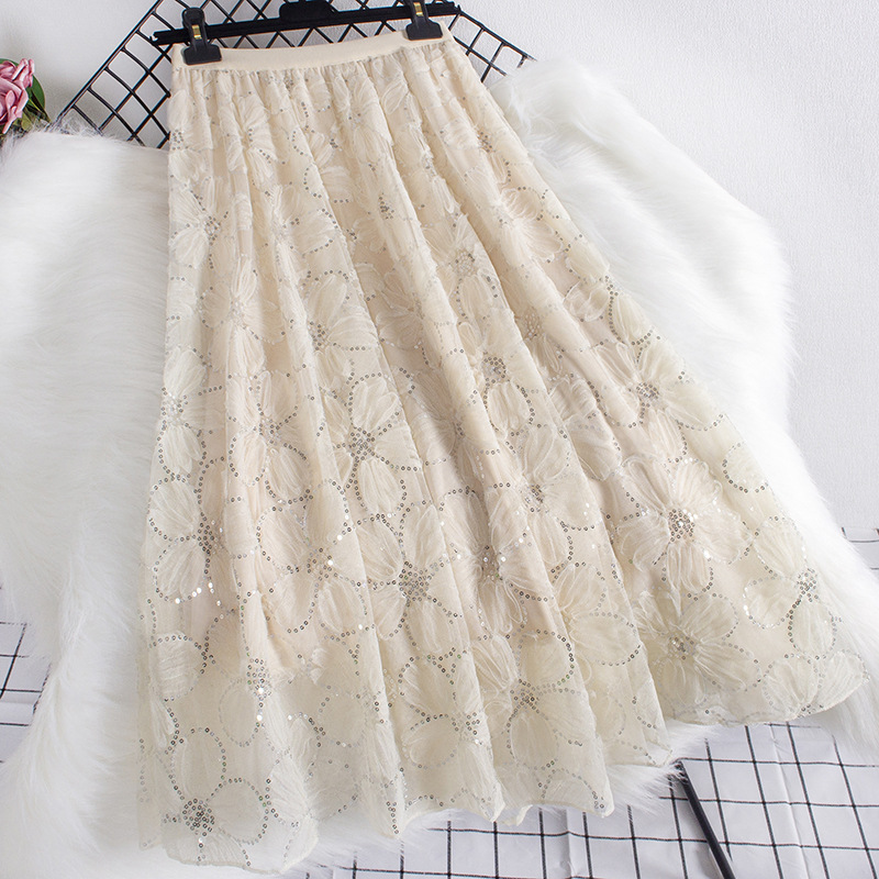 Sequin Flower Mesh Skirt 2023 Spring, Summer, Autumn and Winter New Arrival Large Swing A- Shaped Umbrella Skirt Mid-Length Skirt Long Skirt for Women