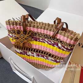2026新款罗家撞色编织托特包女沙滩度假手提单肩包草编百搭