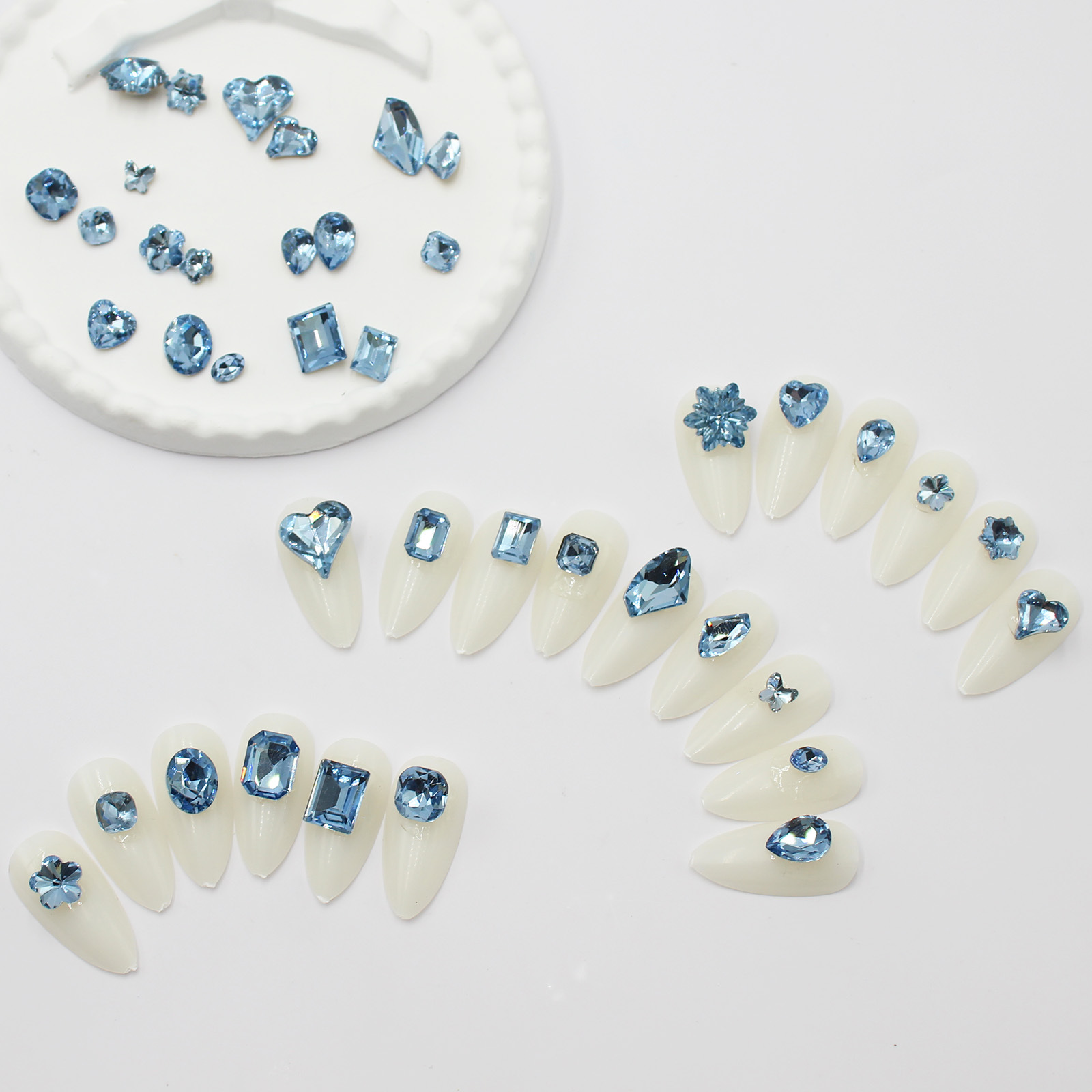 Wholesale whole pack 360 elegant blue pointed special-shaped diamond Horse Eye Diamond light blue cross-border nail jewelry