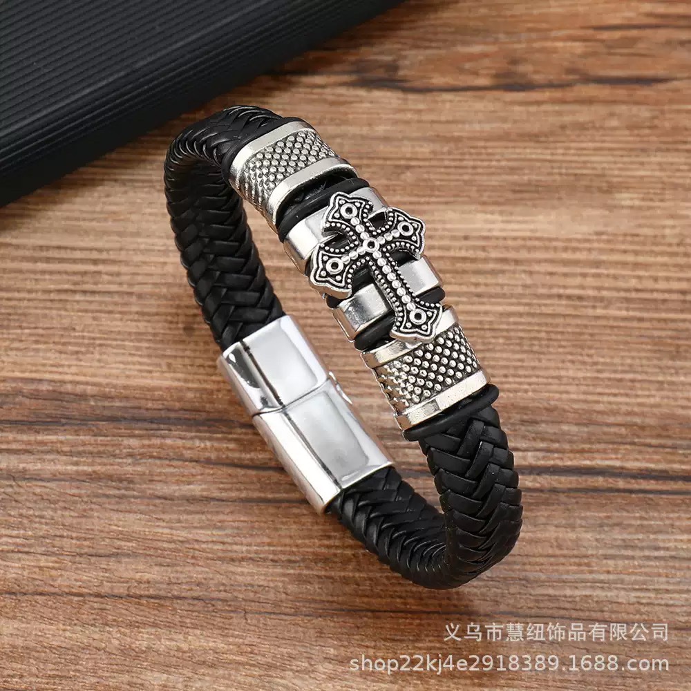 Amazon Cross-border Simple Leather Woven Bracelet Cross Men's Bracelet European and American Style Alloy Bracelet Jewelry