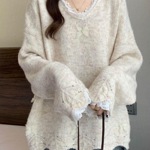 胖mm蕾丝秋冬花边蝴蝶设计感毛衣大码紫色外套显瘦针织衫上衣手帕