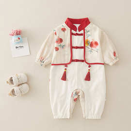 满月婴儿秋装连体衣男女宝中国风周岁礼服百岁宴汉服春秋百天衣服