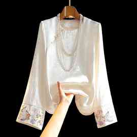 新中式人丝提花女士衬衫长袖新款改良斜襟盘扣国风百搭工装内搭