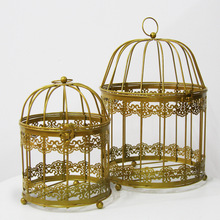 金色古典鐵藝鳥籠式花架櫥窗鳥籠裝飾架歐式金屬鏤空鳥籠掛飾