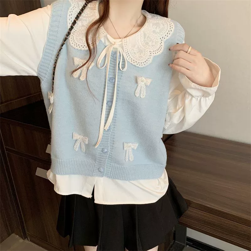 Женский трикотажный жилет с голубым бантом в твидовом стиле, весна 2025 года, многослойный кардиган, безрукавка