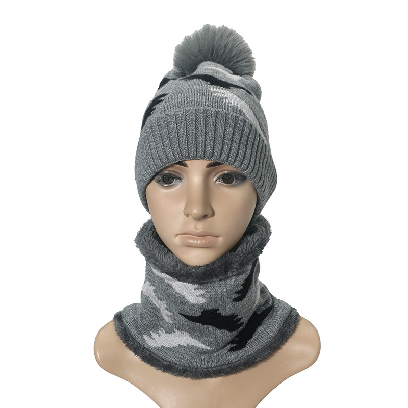 Winter kids' hat & scarf set with a cute dinosaur in Grey, Blue, White, Hidden Green