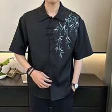 新中式男装中国风七分袖衬衫男夏季薄款盘扣设计感冰丝短袖衬衣潮