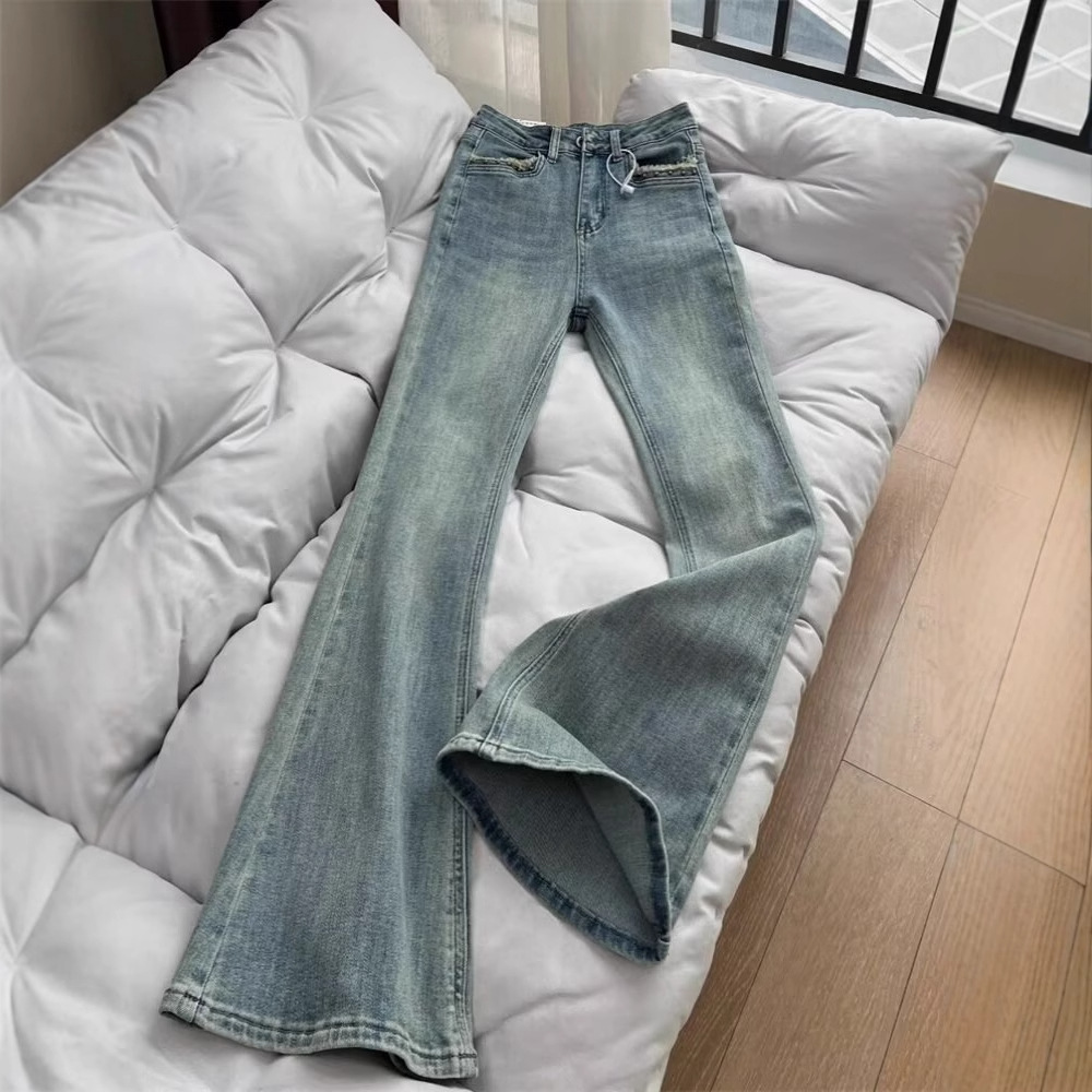 Vaqueros micro acampanados de cintura alta lavados azul retro para mujer, nuevos pantalones de herradura de diseño delgado elástico