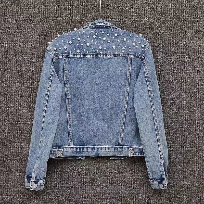 ​​Women's Beaded Denim Jacket – European Slim Fit, Heavy-Duty Stitching (S-5XL, Light Blue & Black)​​_ecoleips.com