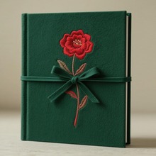 一枝玫瑰刺绣笔记本巧妙系带绿色封面日记本毛毡布装帧记事本定制