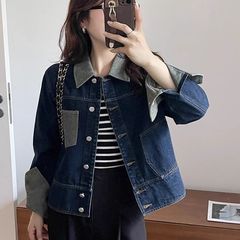 正单出货小众个性这件水洗太好撞色翻领短款牛仔外套新款上衣