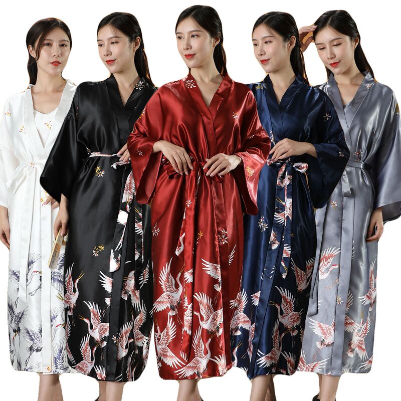 Women's nightgown cross-border new products wholesale summer silk crane pajamas bridesmaid dress mid-sleeve women's bathrobe bridal morning gown Women's nightgown cross-border new products wholesale summer silk crane pajamas bridesmaid dress mid-sleeve women's bathrobe bridal morning gown