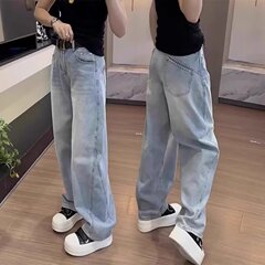 大きいサイズの復古の曲がった刀のジーパンの女性の春の太ったmmのナシの形の体つきのゆったりしている腰はやせている広足のまっすぐな筒のズボンを現します。