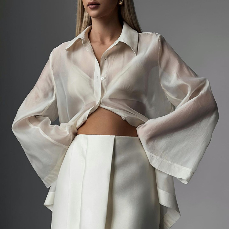 Tencel See-Through Sun Protection Women's Shirt 2025 Summer New Lapel Long-Sleeved Cardigan Top Simple Versatile Shirt