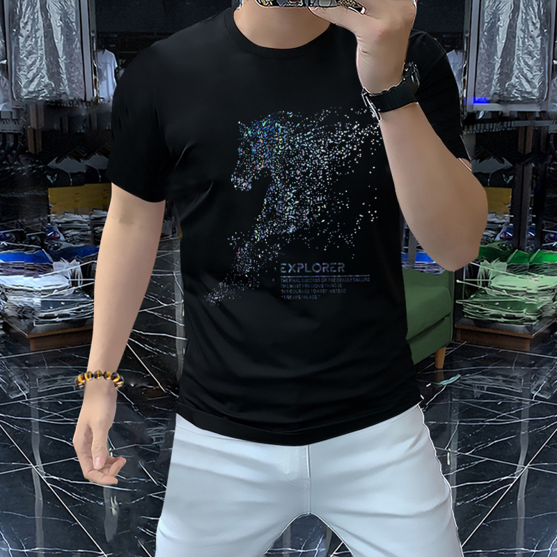 Men's Short-Sleeved Round-Neck Shirt with Rhinestone War Horse Design, European Style Men's Top, Summer Half-Sleeve Ice Silk Cotton, Multi-Color Trendy Street Style
